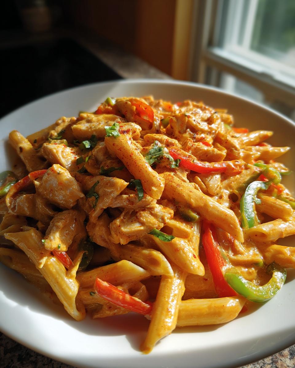 A close-up of a creamy, orange-hued Rasta Pasta dish with chicken chunks and sliced red and green bell peppers.