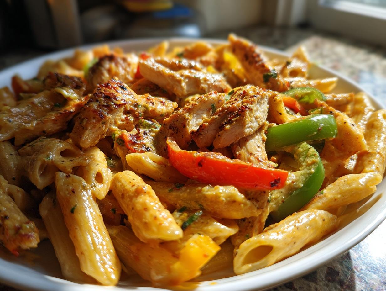 A close-up of creamy Rasta pasta mixed with sliced grilled chicken and colorful bell peppers.