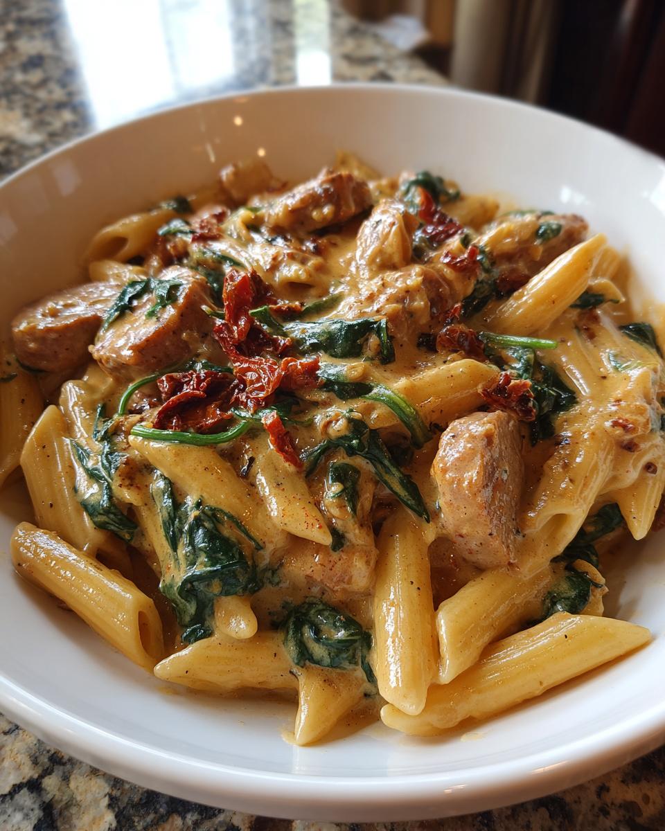 Close-up of creamy chicken sausage pasta featuring penne, chunks of sausage, wilted spinach, and sun-dried tomatoes.