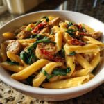 Close-up of creamy chicken sausage pasta featuring penne, sliced sausage, spinach, and sun-dried tomatoes in a white bowl.