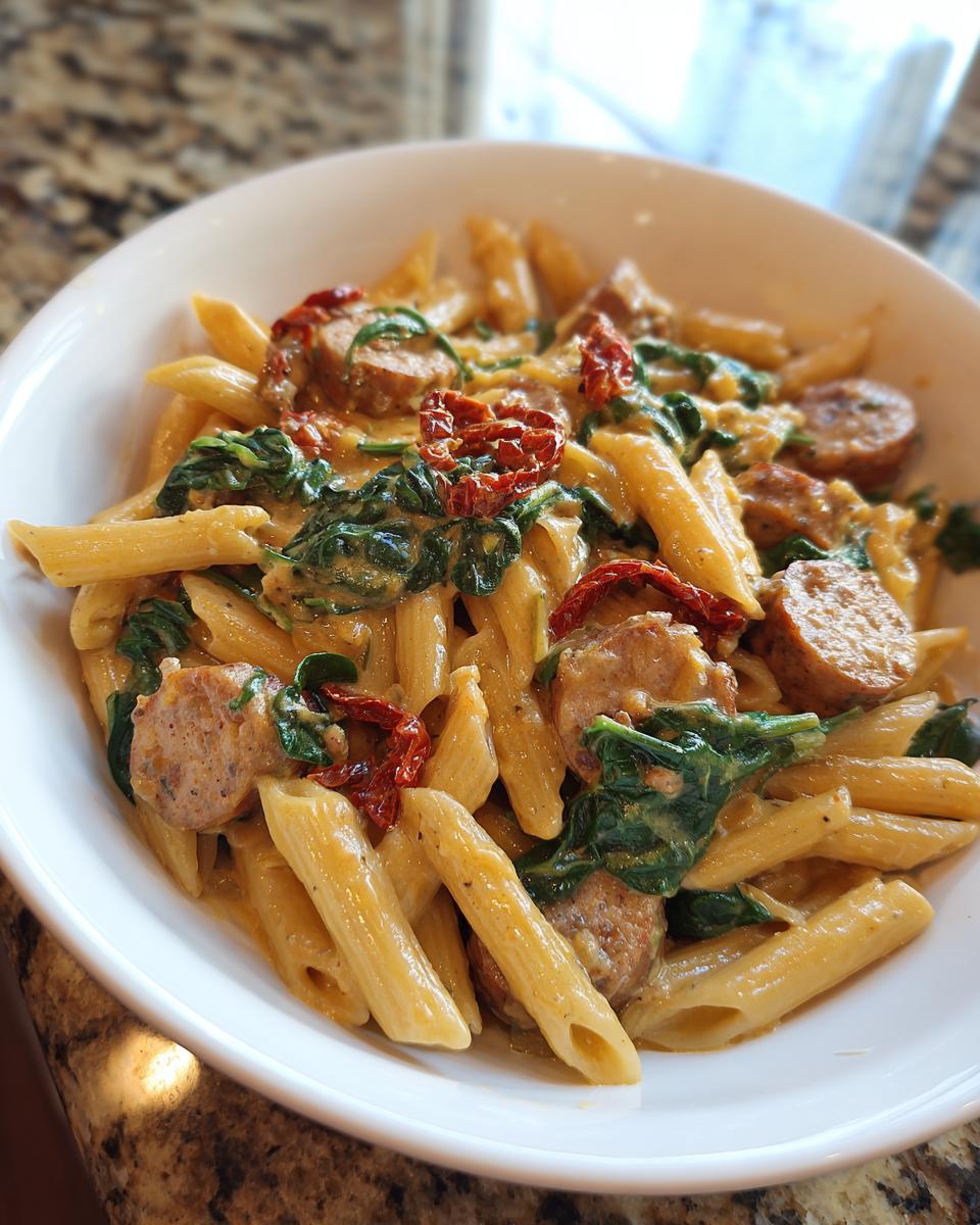 A close-up of creamy chicken sausage pasta featuring penne, sliced sausage, spinach, and sun-dried tomatoes in a white bowl.