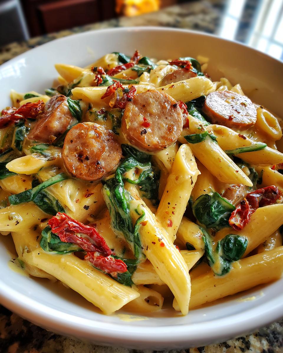 Close-up of creamy chicken sausage pasta featuring penne, sliced sausage, spinach, and sun-dried tomatoes.