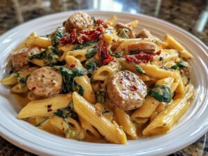 A close-up of creamy chicken sausage pasta featuring penne, sliced sausage, spinach, and sun-dried tomatoes.