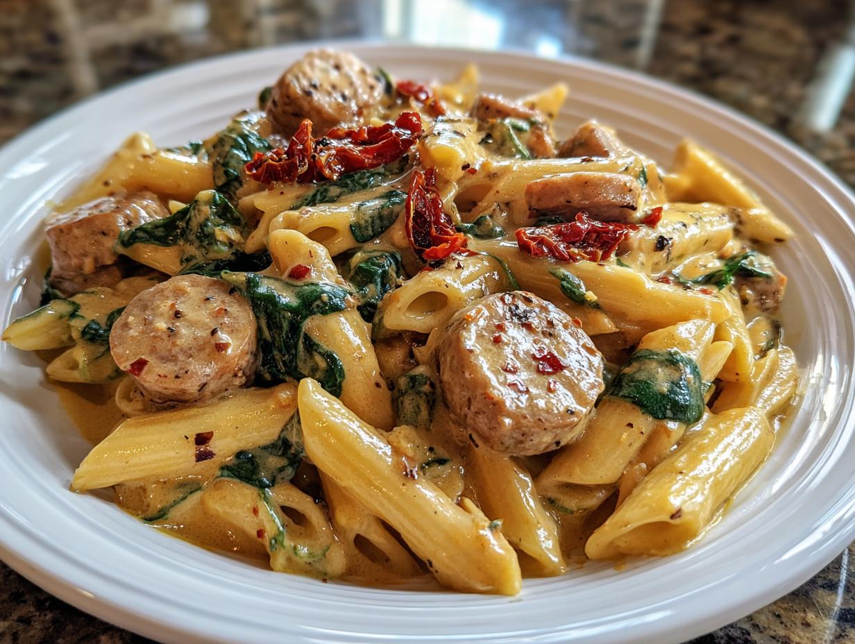 A close-up of creamy chicken sausage pasta featuring penne, sliced sausage, spinach, and sun-dried tomatoes.