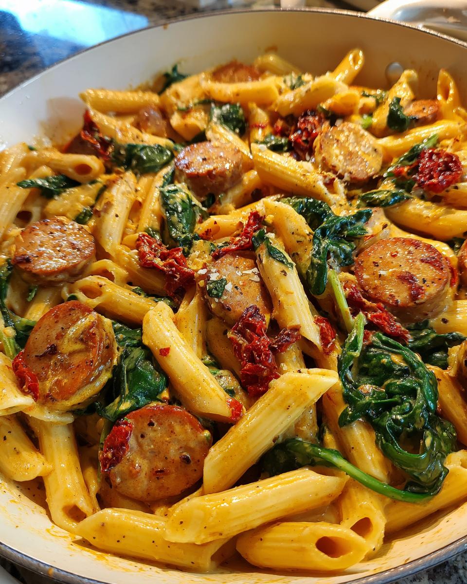 Close-up of creamy chicken sausage pasta featuring penne, sliced sausage, spinach, and sun-dried tomatoes.