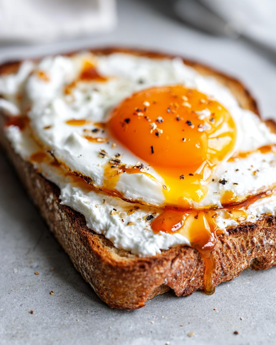 Close-up of creamy egg toast featuring a perfectly fried egg with a runny yolk over cream cheese on toasted bread.