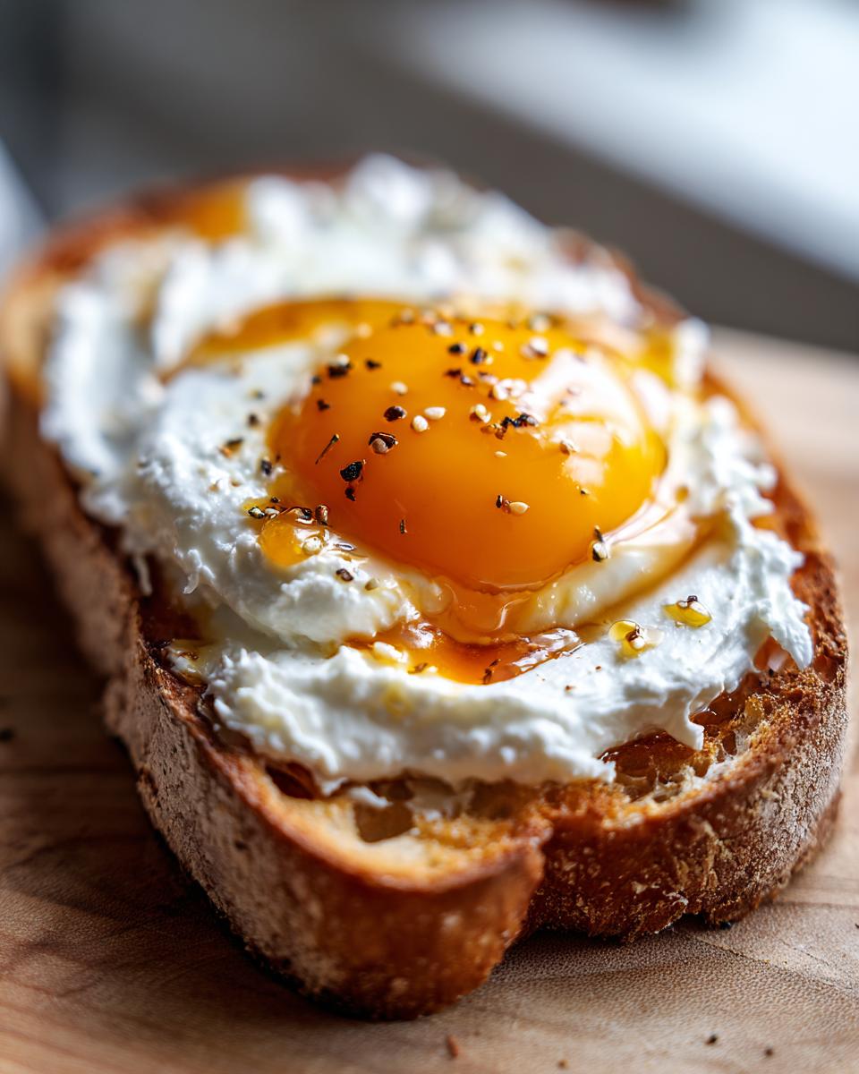 Close-up of creamy egg toast featuring a perfectly cooked sunny-side-up egg over white cheese spread on toasted bread.