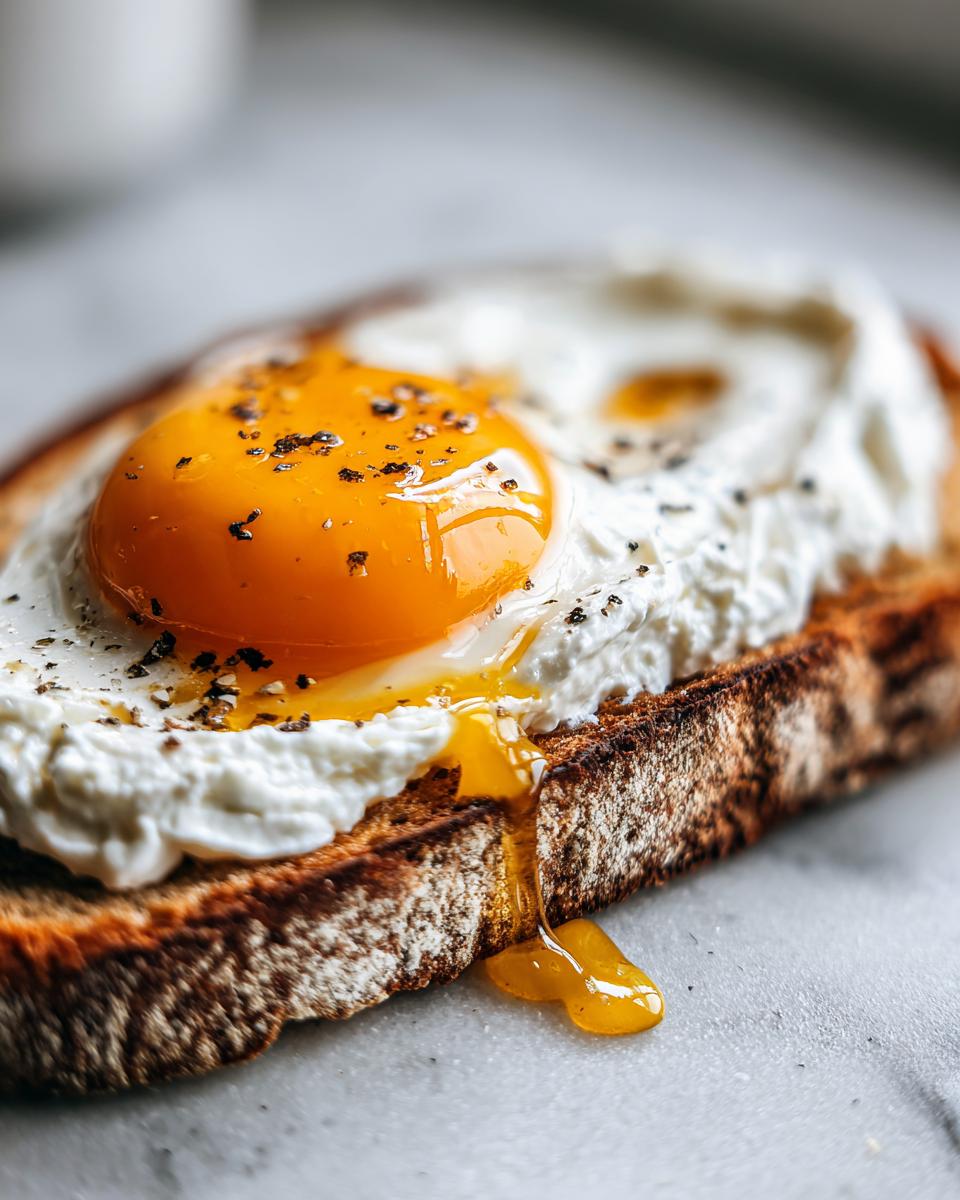 Close-up of creamy egg toast featuring a sunny-side-up egg with a bright orange, runny yolk dripping onto a marble surface.