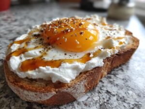 Close-up of a slice of creamy egg toast topped with a sunny-side-up egg, white cheese, and everything bagel seasoning.