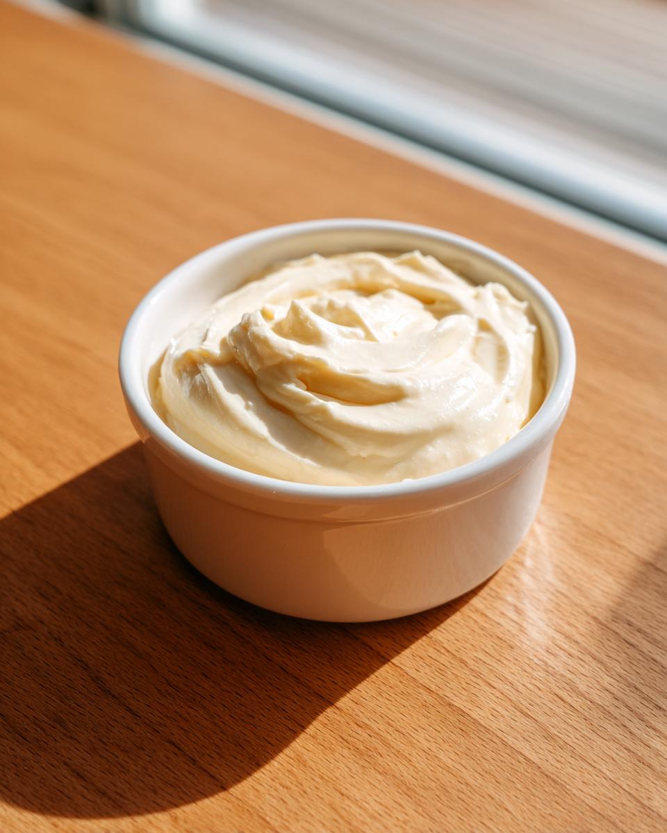 A small white bowl filled with thick, creamy homemade garlic aioli, sitting on a sunlit wooden table.