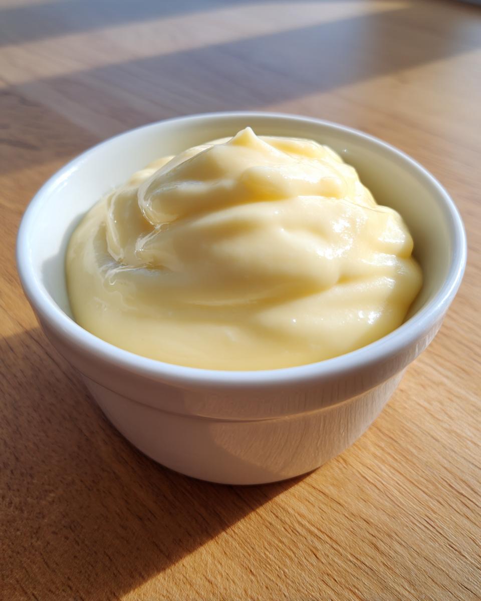 A close-up of thick, creamy, pale yellow homemade garlic aioli swirled in a small white dipping bowl.