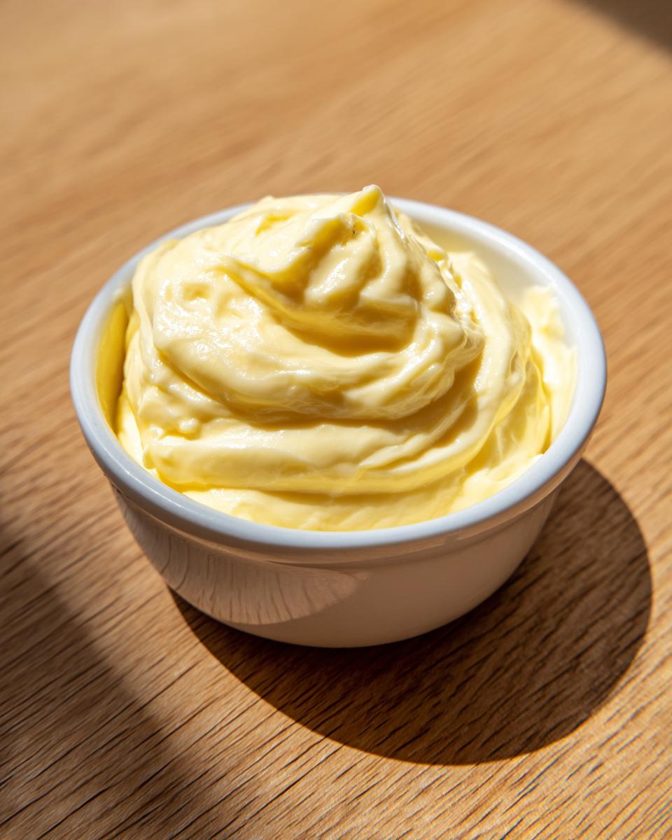 A close-up of freshly made, creamy yellow garlic aioli swirled high in a small white ramekin on a wooden surface.