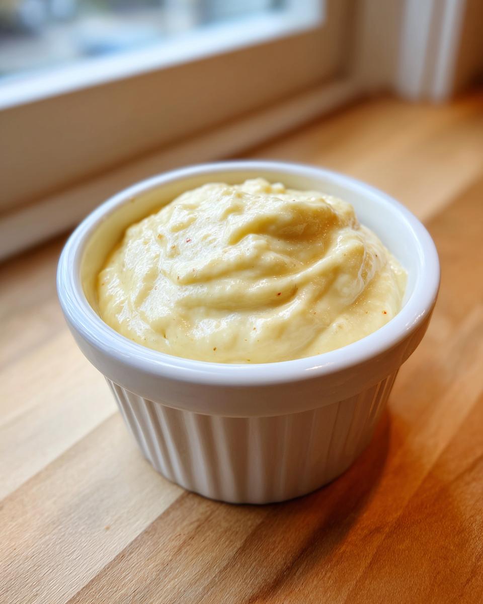 A close-up of thick, creamy homemade garlic aioli served in a small white fluted ramekin on a wooden surface.