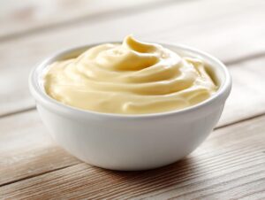 Close-up of rich, creamy homemade garlic aioli swirled perfectly in a small white dipping bowl.