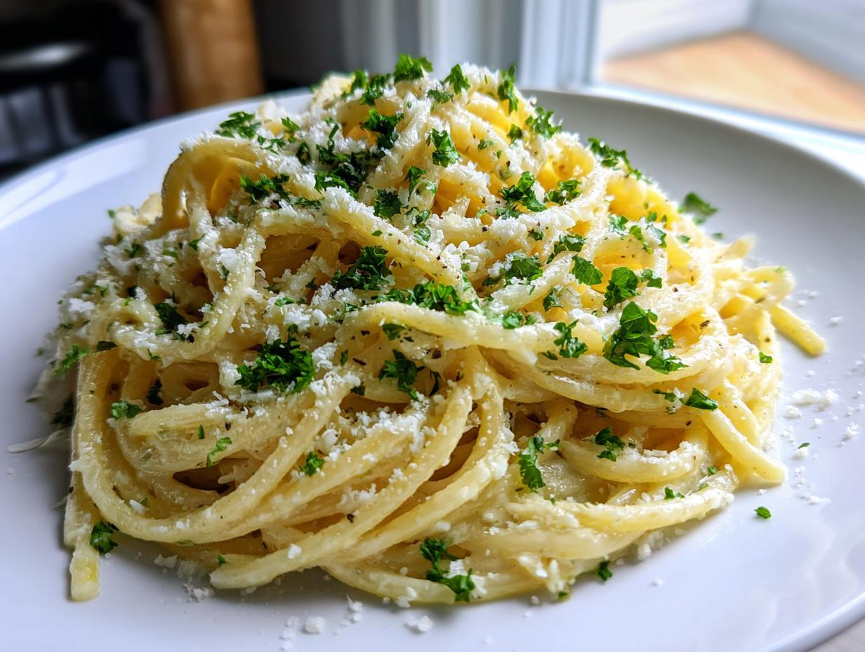 A close-up of creamy garlic parmesan pasta topped generously with grated cheese and fresh chopped parsley.