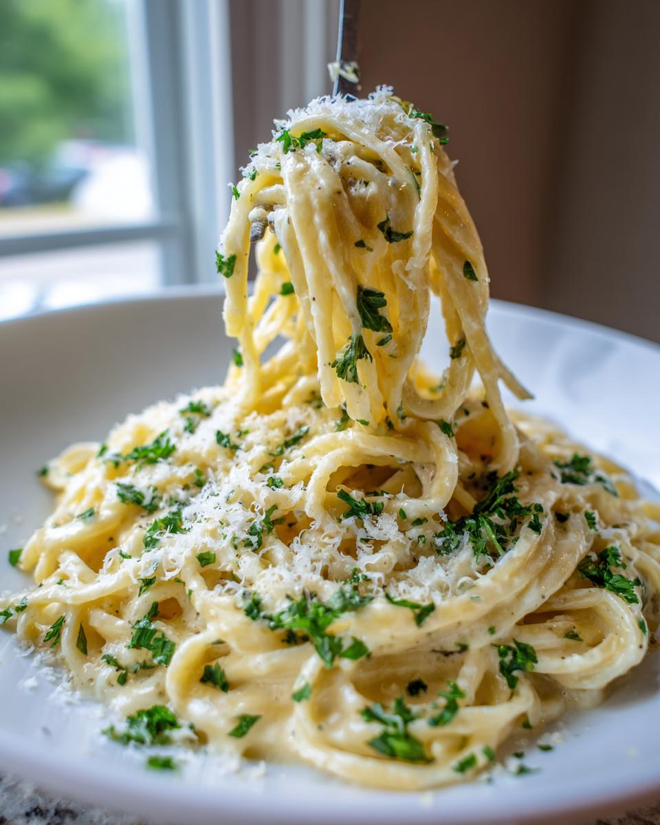 A fork lifts a twirl of creamy garlic parmesan pasta, topped with grated cheese and fresh parsley, from a white bowl.