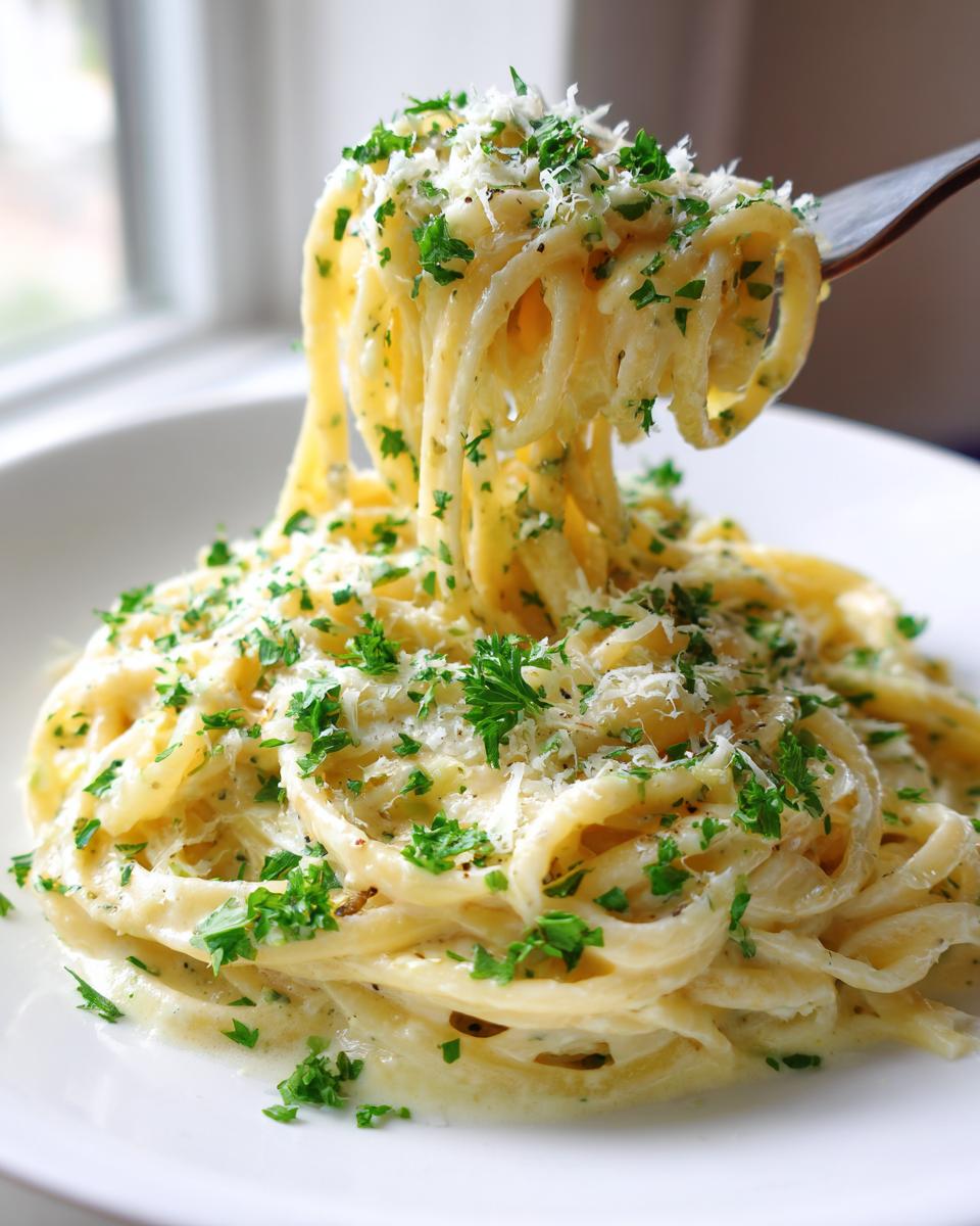 A fork lifting creamy spaghetti coated in sauce, topped with grated cheese and fresh parsley, showcasing the amazing garlic parmesan pasta.