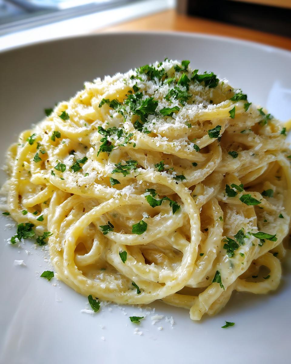 Close-up of creamy spaghetti tossed in a rich sauce, topped with grated cheese and fresh parsley, representing garlic parmesan pasta.
