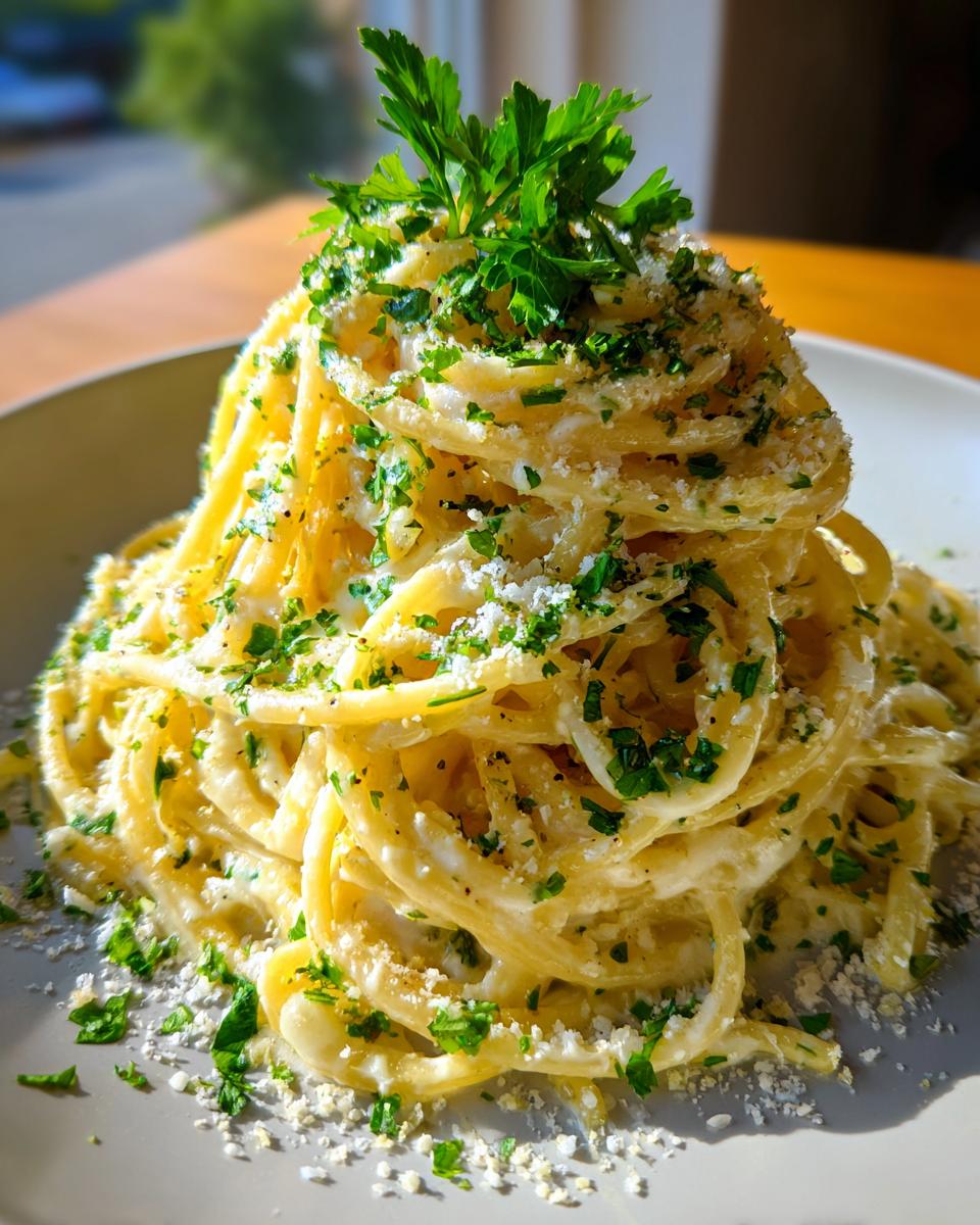A tall serving of creamy garlic parmesan pasta tossed in sauce, topped with grated cheese and fresh parsley.