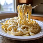 A fork lifting fettuccine noodles coated thickly in creamy homemade alfredo sauce, topped with Parmesan and pepper.