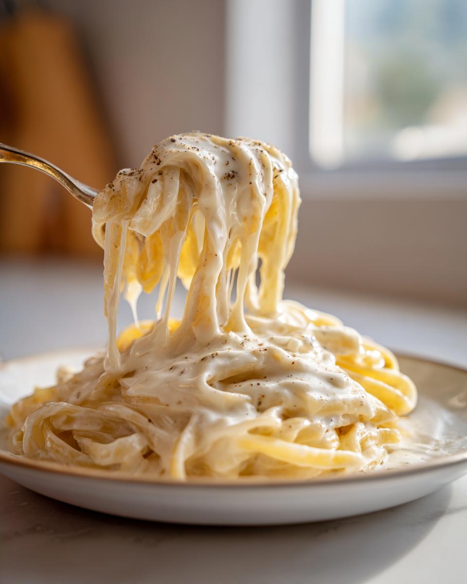 A fork lifts creamy fettuccine coated in rich homemade alfredo sauce, showing cheese pull.