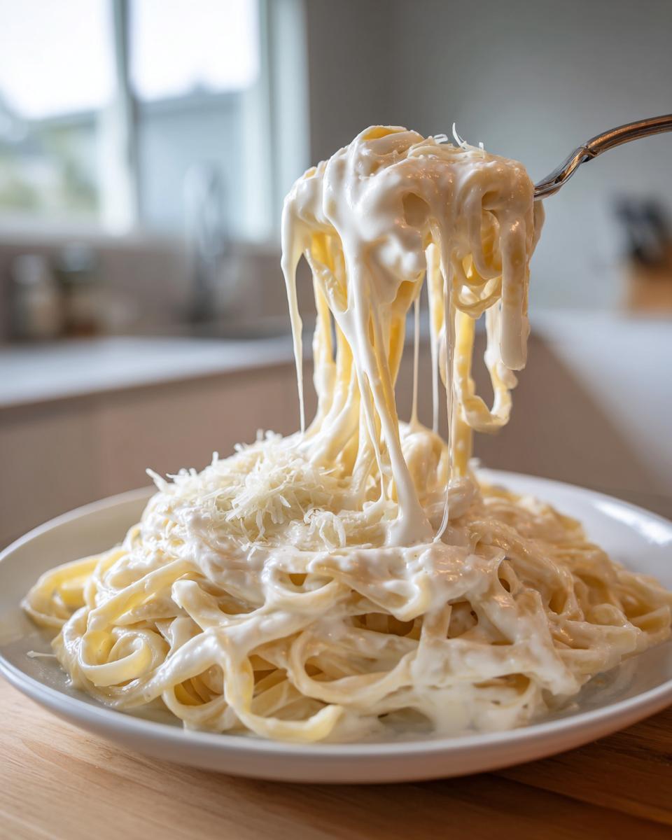 A fork lifting fettuccine noodles coated in thick, creamy homemade alfredo sauce, topped with grated Parmesan cheese.