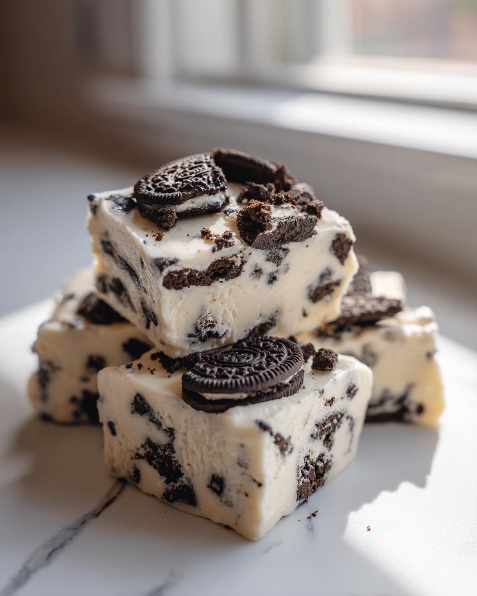 A stack of creamy white oreo fudge squares loaded with crushed Oreo pieces and topped with mini Oreos.