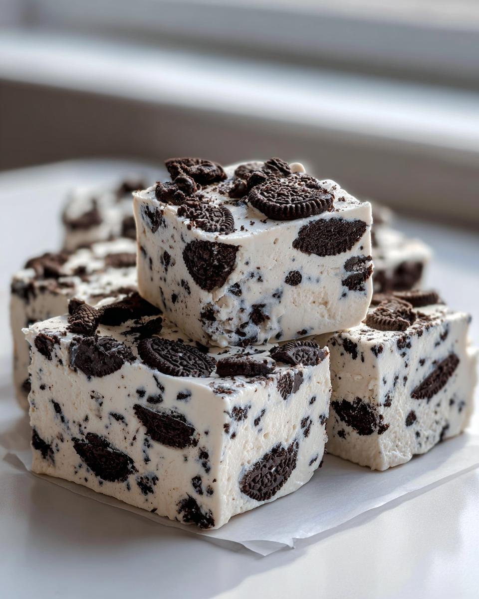 Close-up of creamy white oreo fudge squares loaded with crushed and whole Oreo cookie pieces, stacked slightly.