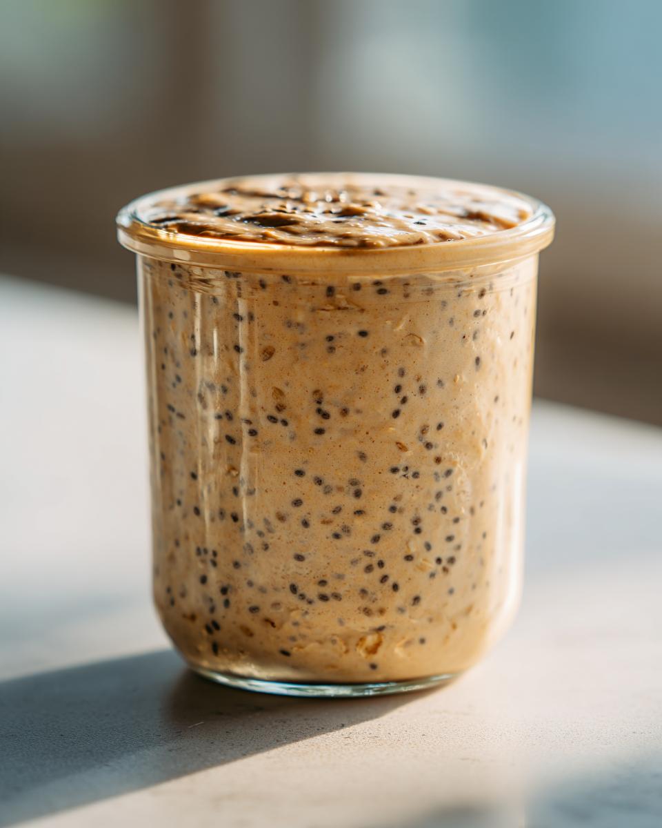 Close-up of creamy peanut butter overnight oats in a glass jar, speckled heavily with chia seeds.