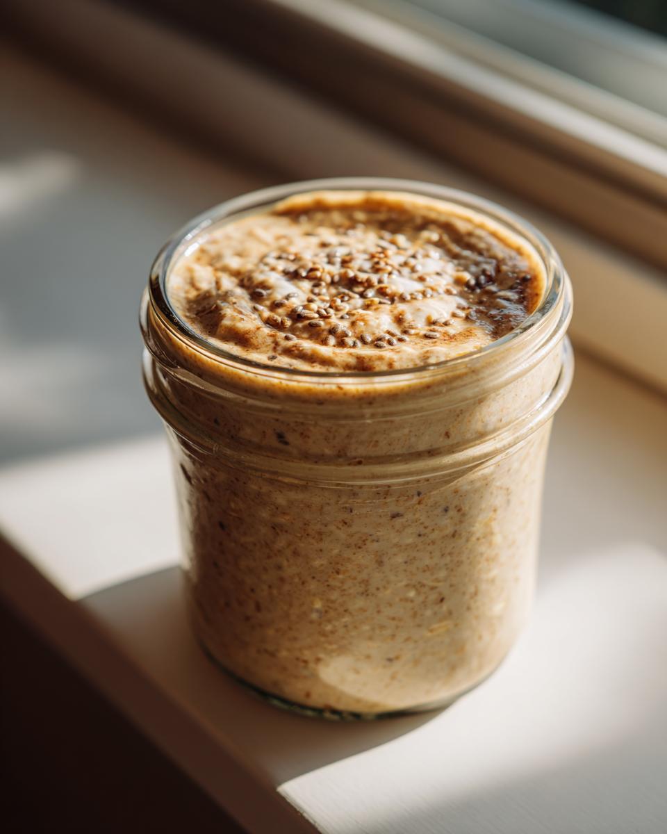 A glass jar filled with creamy overnight oats, topped with visible flax or chia seeds, sitting in bright sunlight.