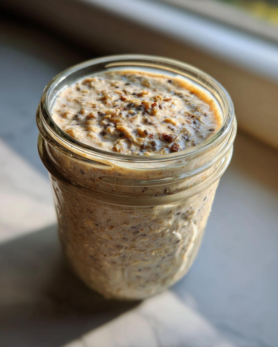 Close-up of creamy overnight oats mixed with seeds in a glass mason jar, ready for breakfast.