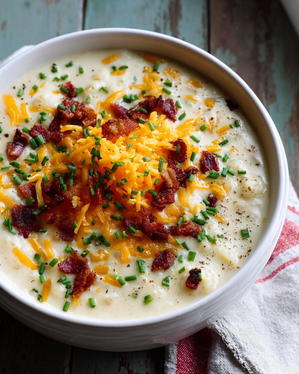 Close-up of a bowl of creamy potato soup recipe topped generously with shredded cheddar cheese, crispy bacon bits, and fresh chives.