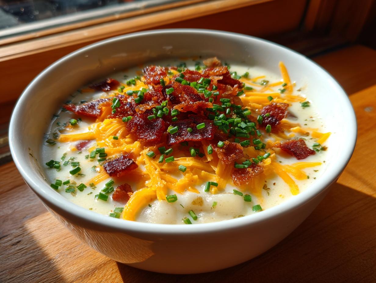 A close-up of a bowl of creamy potato soup recipe topped generously with shredded cheddar cheese, crispy bacon bits, and fresh chives.