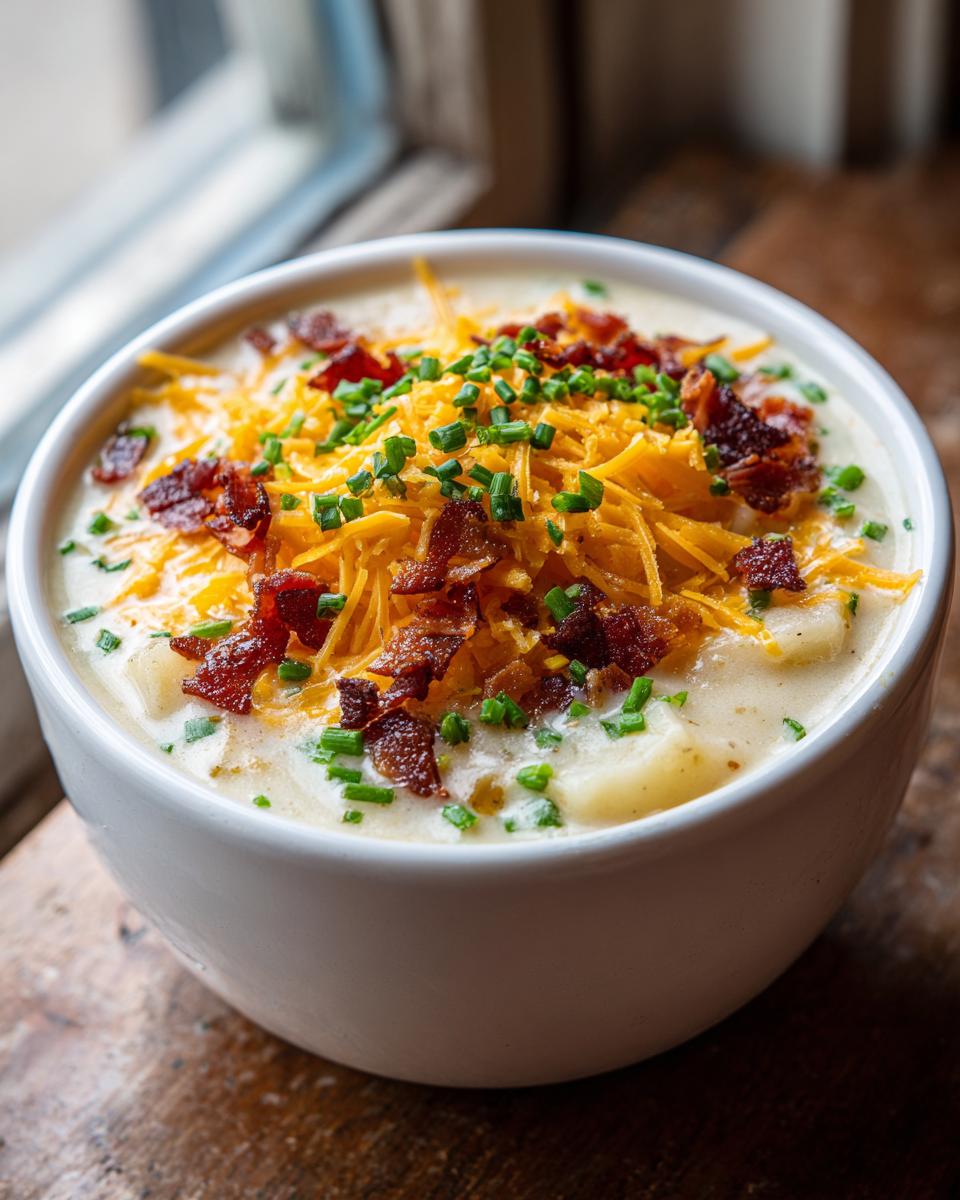 Close-up of a white bowl filled with creamy potato soup recipe, topped with shredded cheddar cheese, bacon bits, and chives.