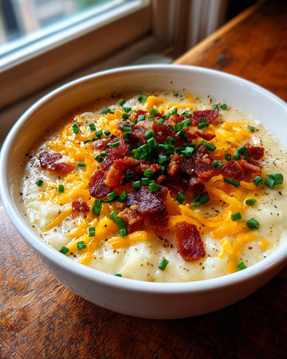 A close-up of a thick, creamy potato soup recipe topped generously with shredded cheddar cheese, crispy bacon bits, and fresh chives.