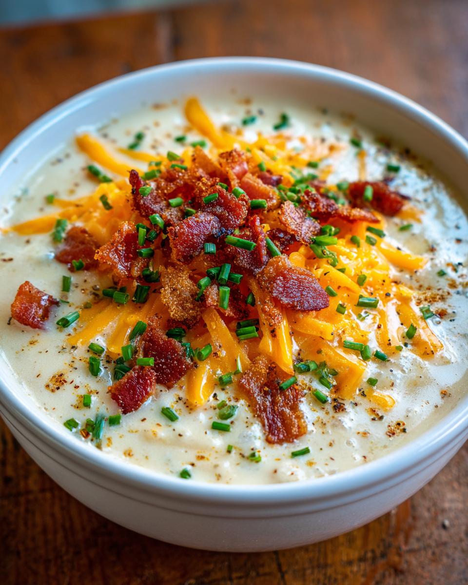Close-up of a creamy potato soup recipe topped generously with shredded cheddar cheese, crispy bacon bits, and fresh chives.