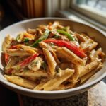 Close-up of creamy Rasta pasta with penne, chicken pieces, and colorful strips of red, green, and yellow bell peppers.