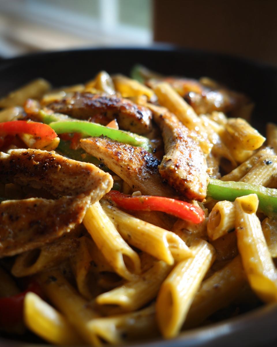 Close-up of creamy Rasta pasta mixed with sliced grilled chicken, red, and green bell peppers in a dark bowl.