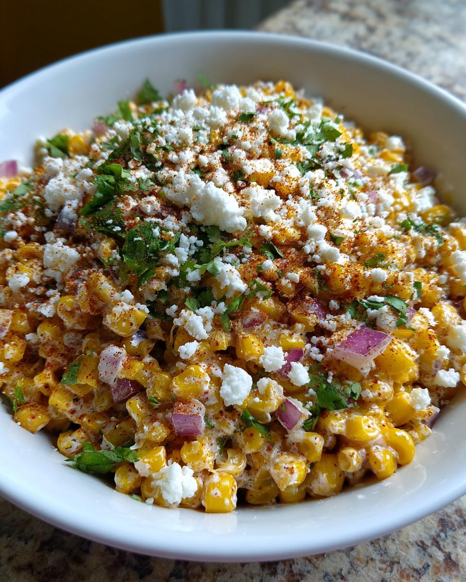 A close-up of a white bowl filled with creamy street corn salad, topped with cotija cheese, cilantro, and chili powder.
