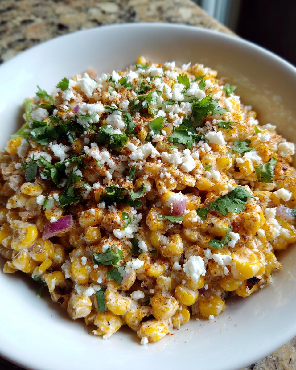 A close-up view of a creamy street corn salad topped with crumbled white cheese, fresh cilantro, and chili powder.