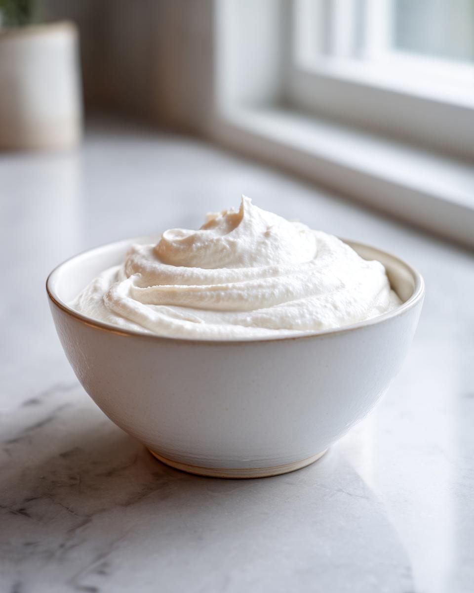 A white bowl filled with a swirl of thick, creamy topping, likely sour cream or crème fraîche, for cauliflower soup.