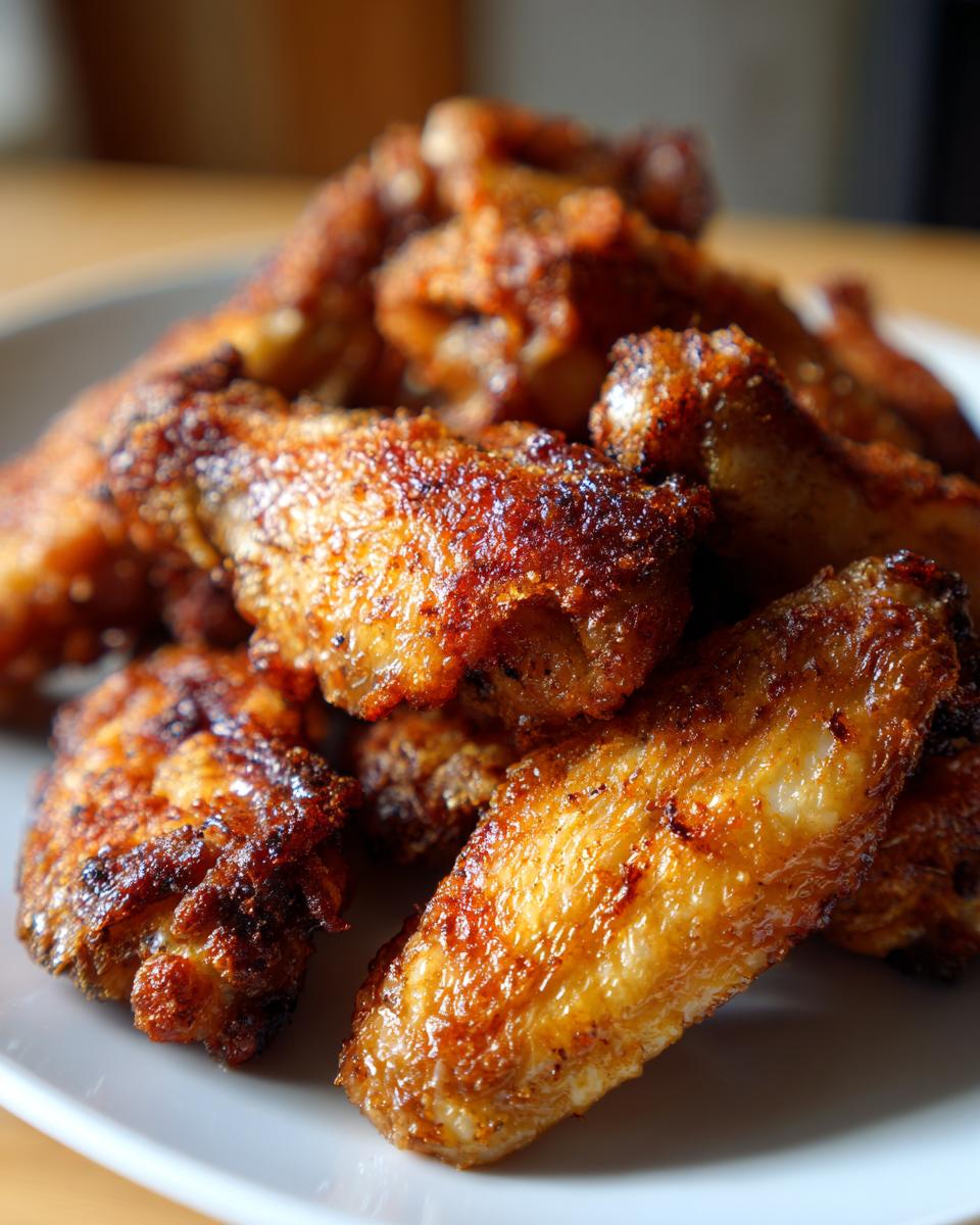 Close-up of a pile of golden brown, crispy baked chicken wings seasoned with spices.