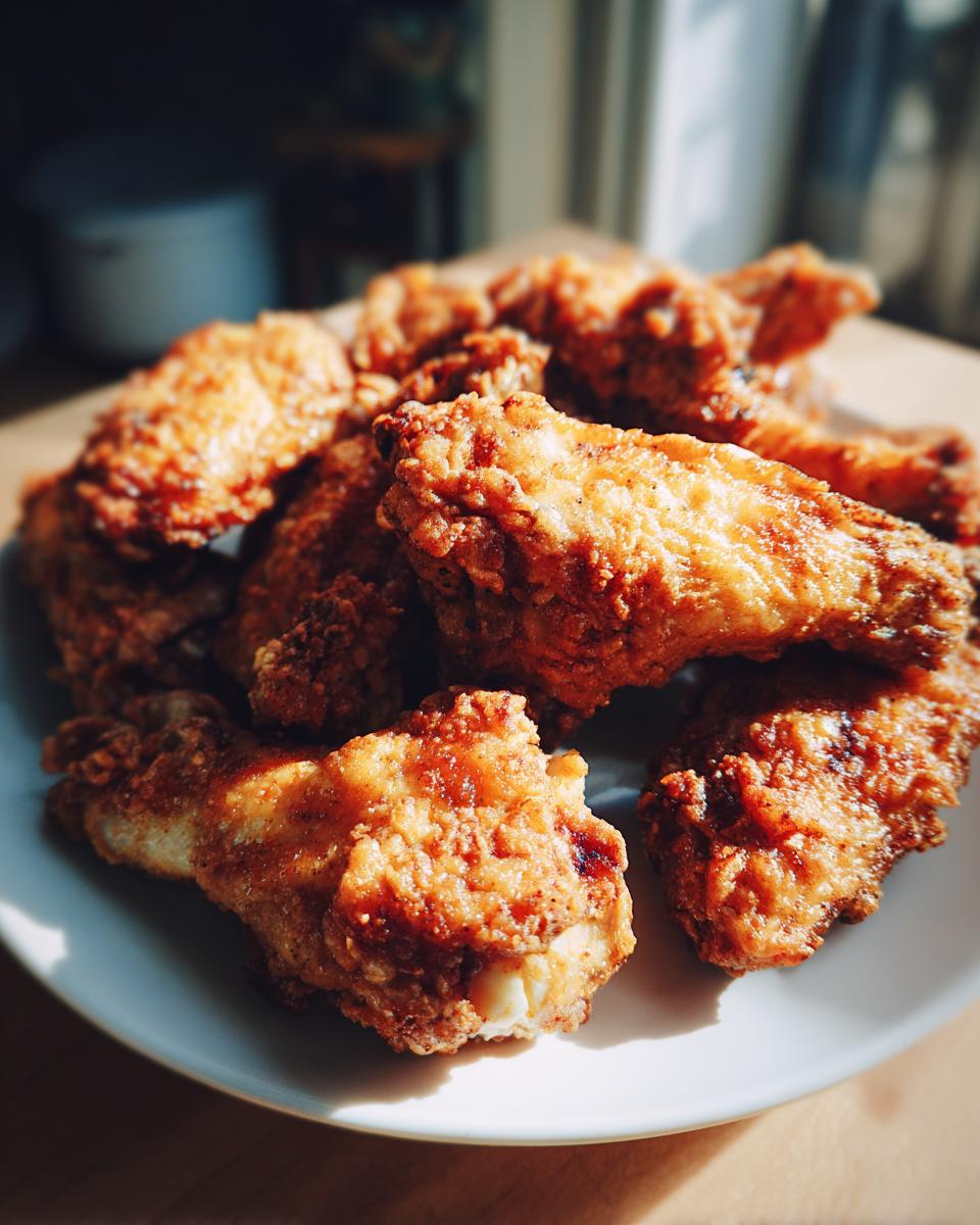 A close-up of golden brown, perfectly textured crispy baked chicken wings piled on a white plate.