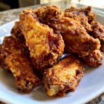 A pile of perfectly golden and crispy baked chicken wings stacked on a white plate.