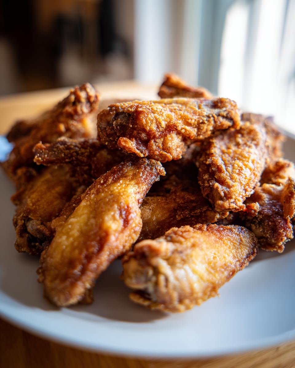 A close-up, appetizing photo of a pile of golden brown, crispy baked chicken wings served on a white plate.