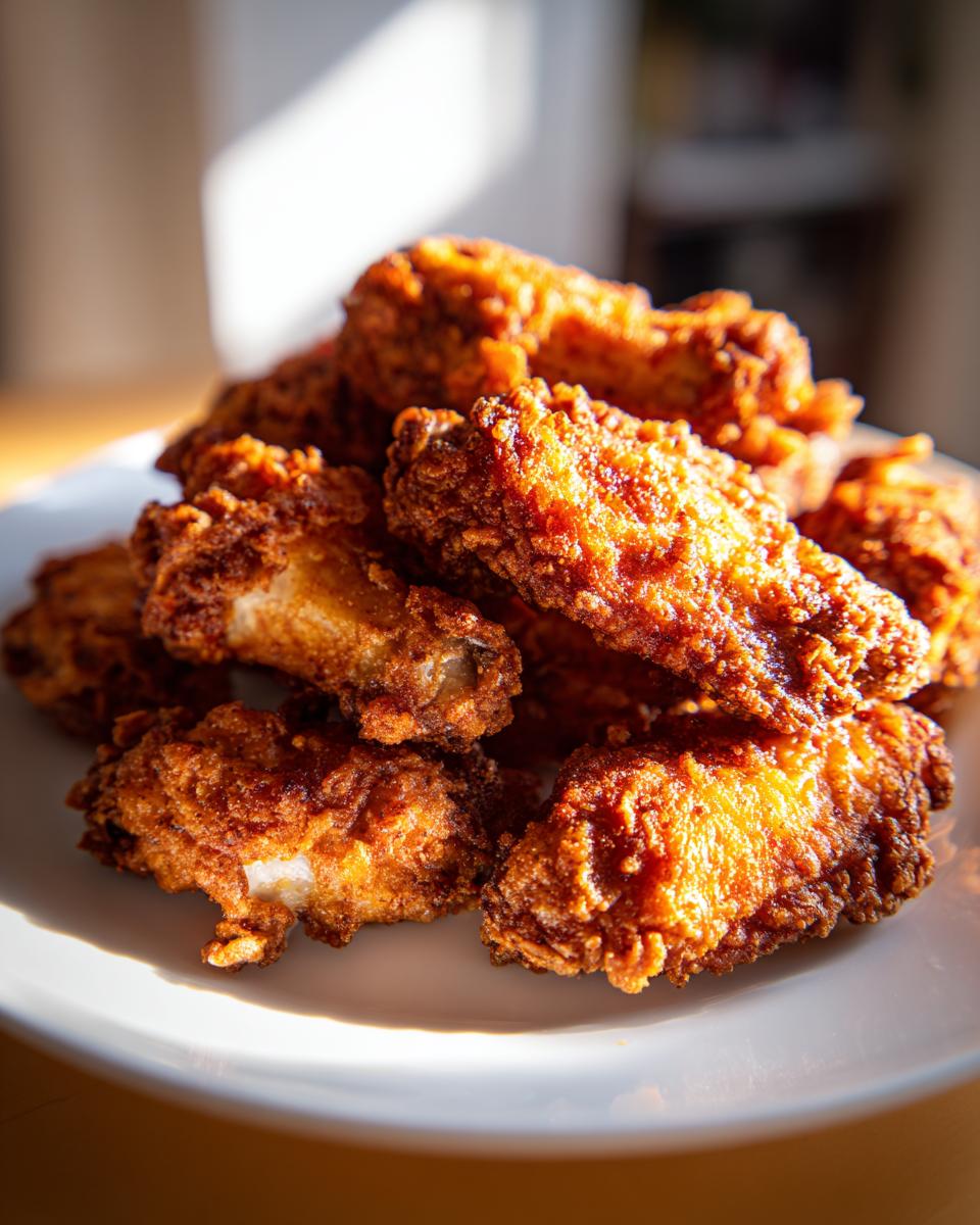 A close-up of a pile of golden brown, crispy baked chicken wings glistening under bright light.