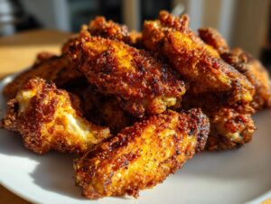 A close-up pile of golden brown, seasoned crispy baked chicken wings on a white plate.