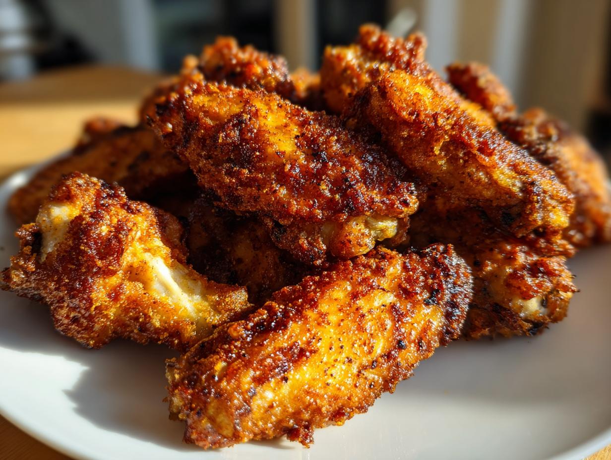 A close-up pile of golden brown, seasoned crispy baked chicken wings on a white plate.