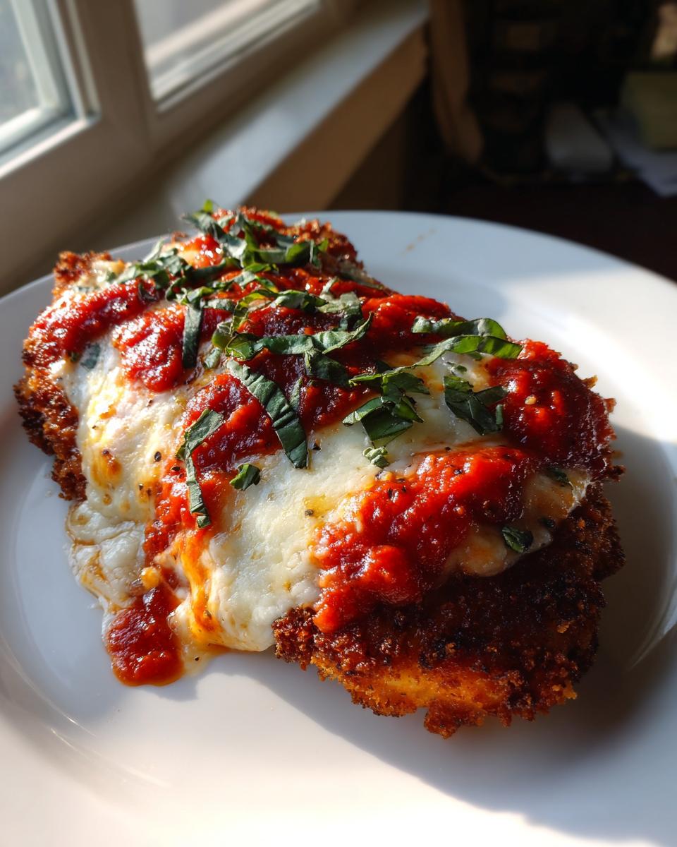 A close-up of a perfectly cooked chicken parmesan recipe serving, topped with melted mozzarella, marinara sauce, and fresh basil.