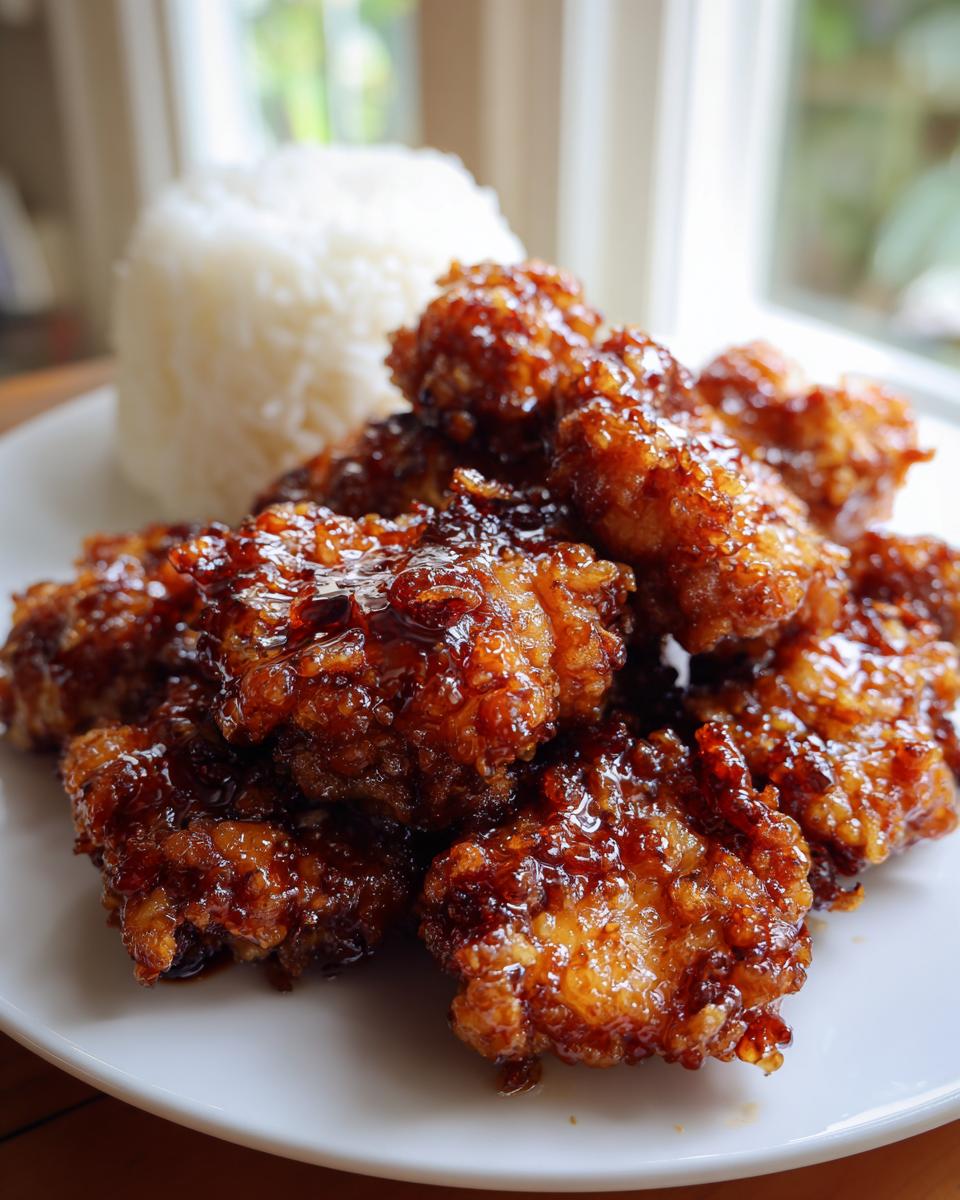 Close-up of crispy, glazed orange chicken pieces served next to a mound of white steamed rice.